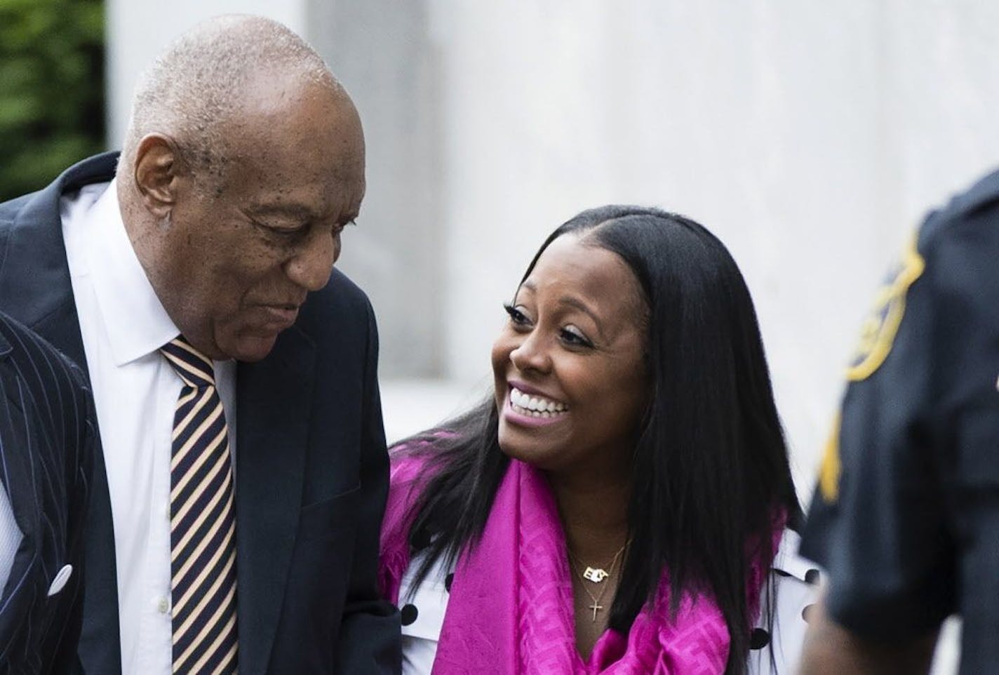 Holding a wooden cane, Bil Cosby got to the courthouse around 8:40 a.m. Monday, amid a heavy media presence. He chatted amiably with actress Keshia Knight Pulliam, who played his youngest daughter on "The Cosby Show.".