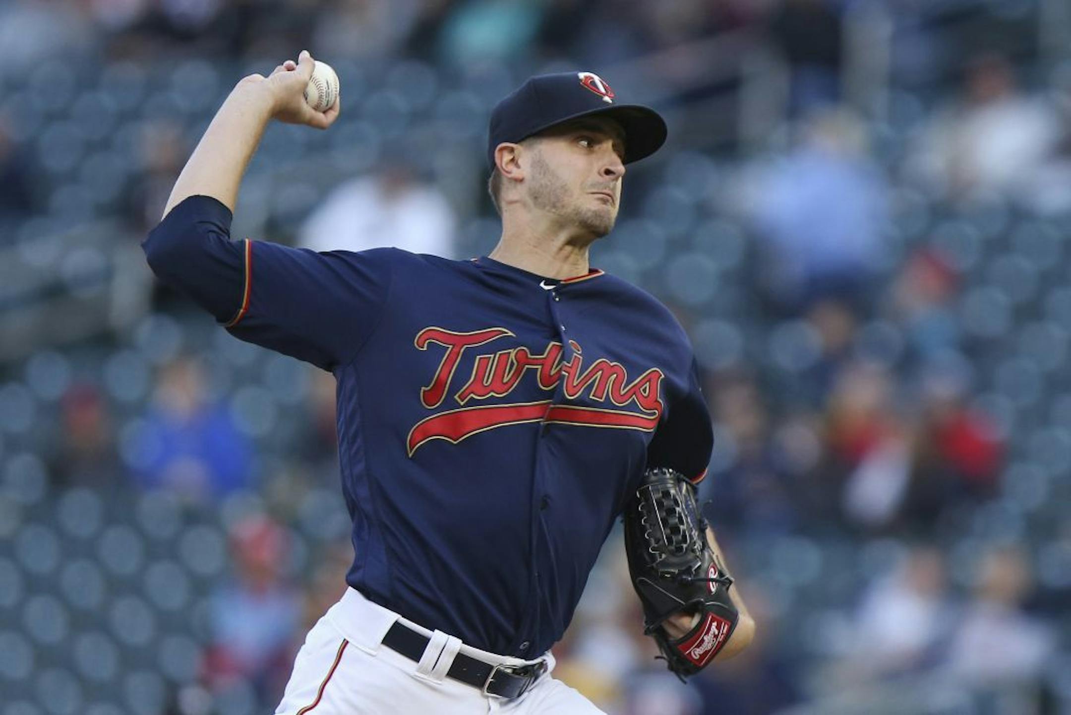 Minnesota Twins pitcher Jake Odorizzi throws to a Detroit Tigers batter during the first inning of a baseball game Friday, May 10, 2019 in Minneapolis.