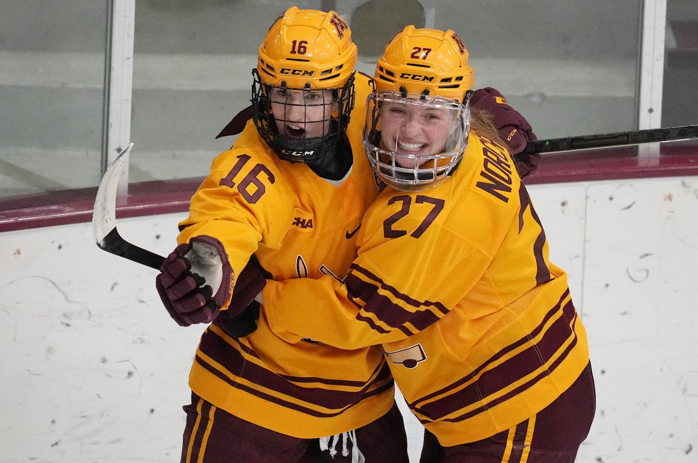 Gophers forward Amy Potomak celebrated alongside Savannah Norcross during a game earlier this season.