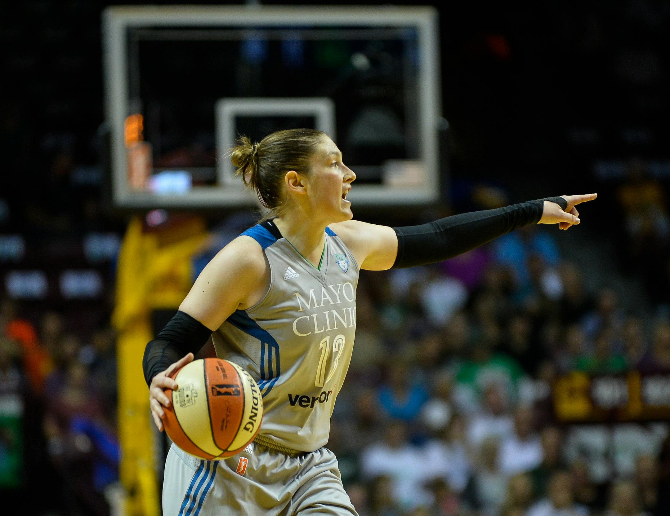 Minnesota Lynx guard Lindsay Whalen (13) directed teammates during the second quarter Tuesday as she moved the ball down the court. It was Whalen's first time playing at Williams Arena since her time with the Gophers. ] AARON LAVINSKY ï aaron.lavinsky@startribune.com The Minnesota Lynx played the Washington Mystics on Tuesday, Sept. 12, 2017 at Williams Arena in Minneapolis, Minn.