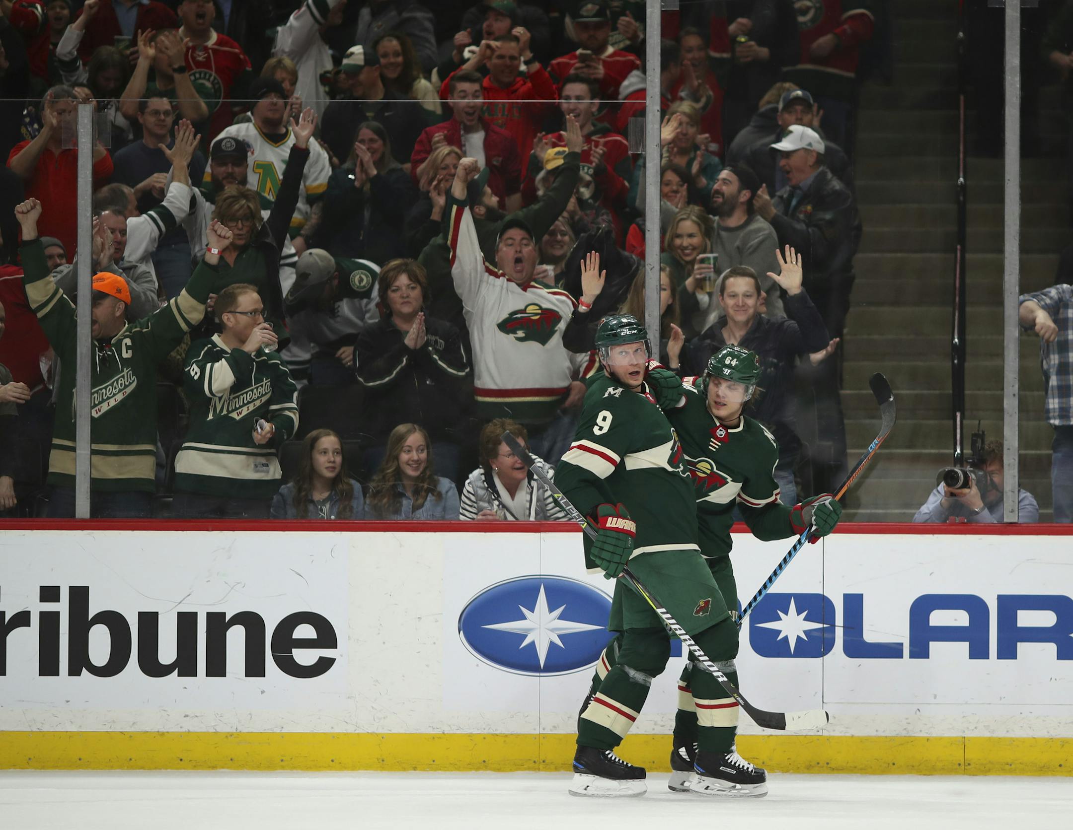 Minnesota Wild center Mikko Koivu (9) celebrated right wing Mikael Granlund's (64) first period goal, tying the score at 1-1. ] JEFF WHEELER ï jeff.wheeler@startribune.com The Minnesota Wild faced the Dallas Stars in an NHL hockey game Thursday night, March 29, 2018 at Xcel Energy Center in St. Paul.