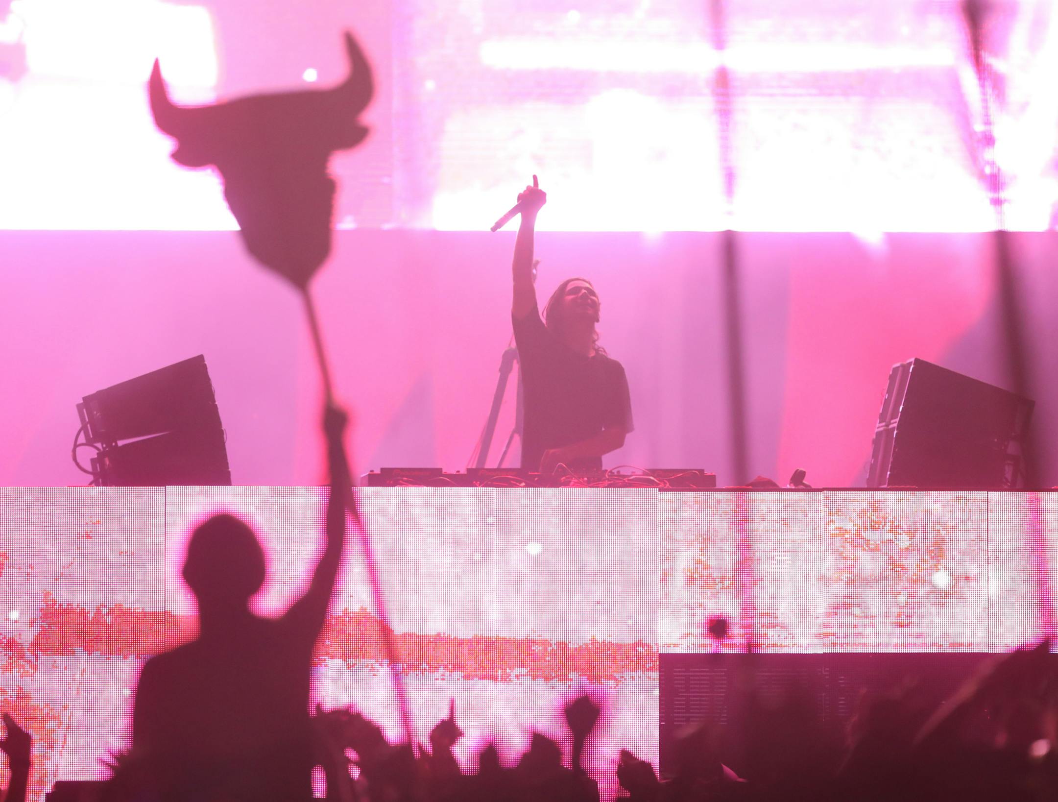 Skrillex early in his festival-closing set Sunday night. ] JEFF WHEELER ï jeff.wheeler@startribune.com The final day of the Summer Set Music & Camping Festival at Somerset Amphitheater culminated with a rare area appearance by electronic megastar Skrillex on Sunday night, August 14, 2016 in Somerset, WI.