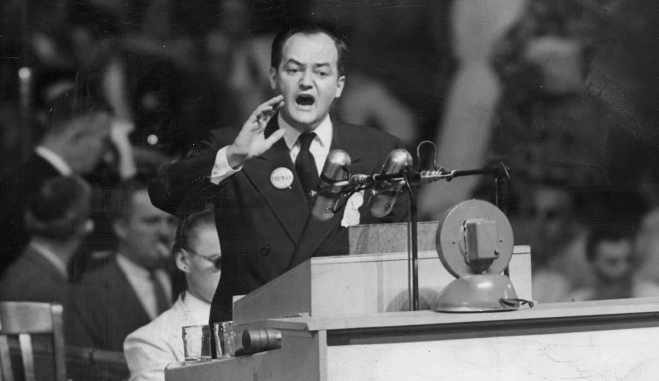 MILLENIUM TIMELINE PHOTOS FROM FILES: -- Minneapolis Mayor Hubert H. Humphrey addresses the Democratic National Convention in Philadelphia in July 1948. Humphrey submitted a report urging the adoption of the civil rights plank in the Democratic platform. Photo by Sam Goldstein for International News Photos.
