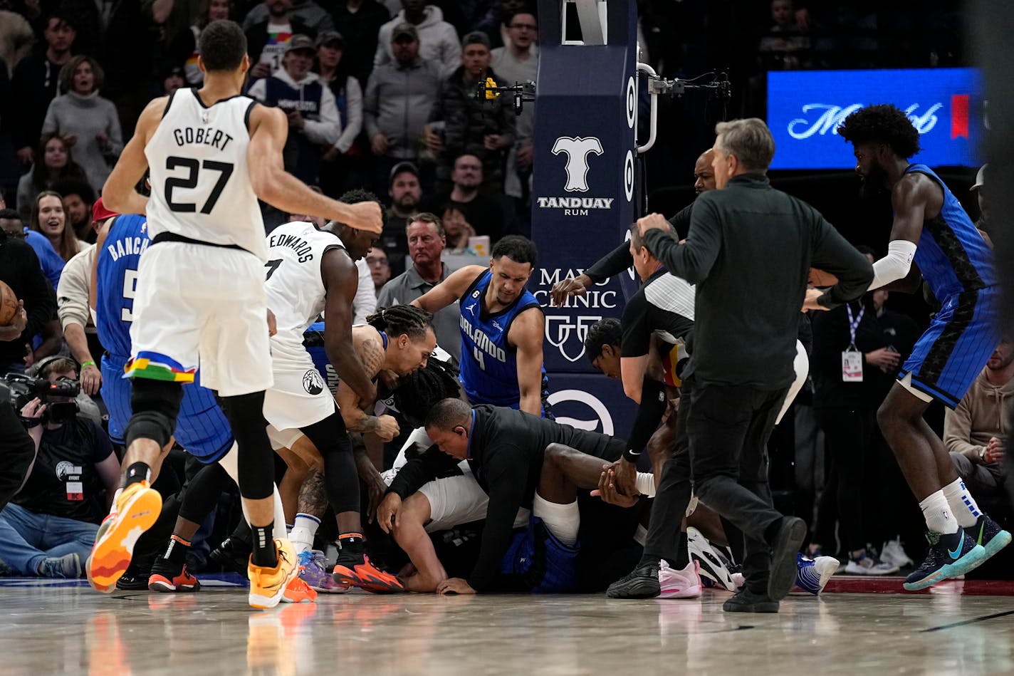 A scrum broke out between the Timberwolves and Magic during the second half Friday at Target Center. Five players were ejected.