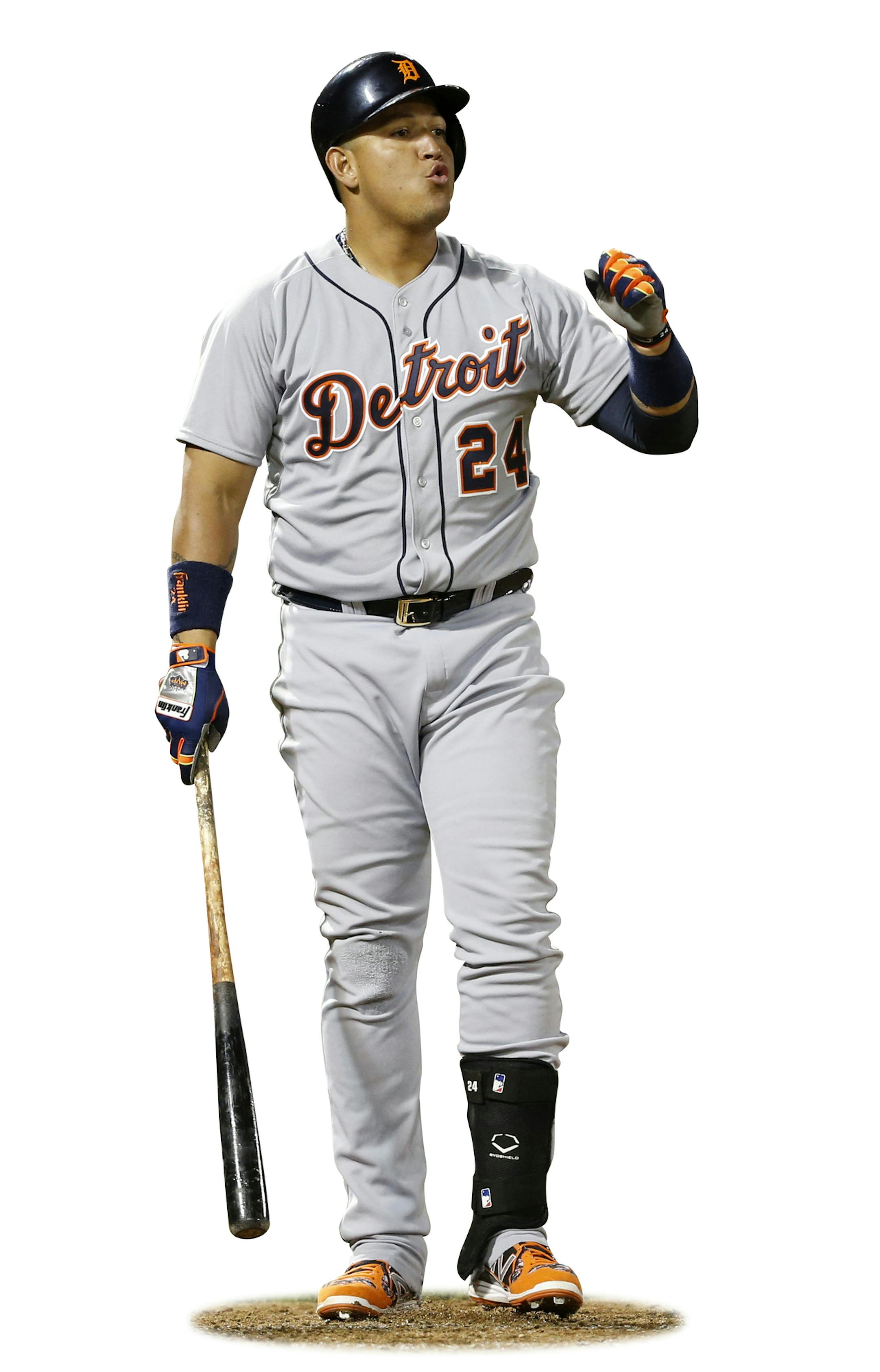 Detroit Tigers first baseman Miguel Cabrera reacts after striking out during the fifth inning of a baseball game against the Oakland Athletics, Tuesday, May 27, 2014, in Oakland, Calif. (AP Photo/Beck Diefenbach) ORG XMIT: OAS123