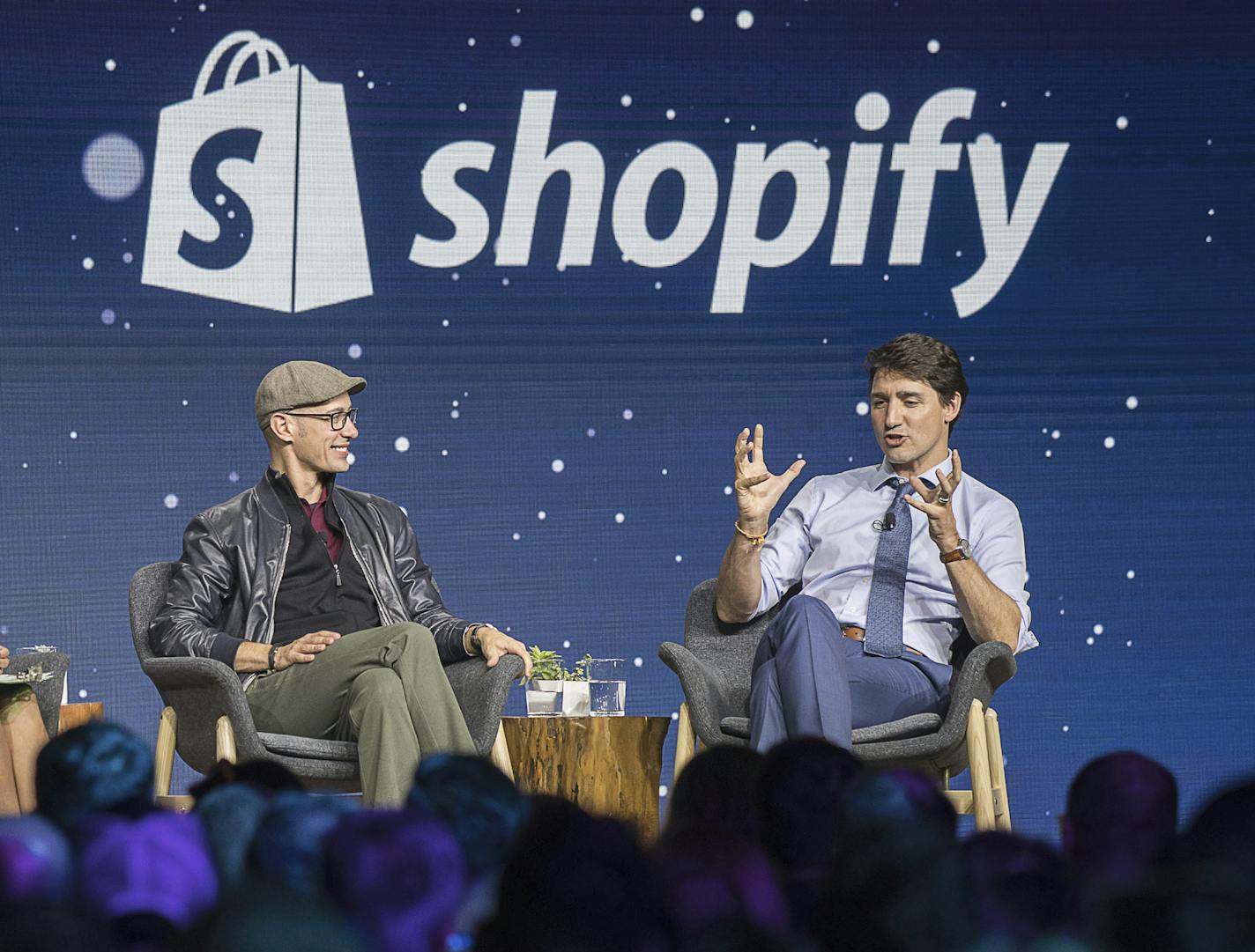 IMAGE DISTRIBUTED FOR SHOPIFY INC. - Right Hon. Justin Trudeau, Prime Minister (right), and Shopify CEO, Tobias Lutke, have a fireside chat, Tuesday, May 8, 2018, in Toronto at Shopify's annual partner conference, Unite. (The Canadian Press Images PHOTO/Shopify Inc. via AP Images) ORG XMIT: CPALA402