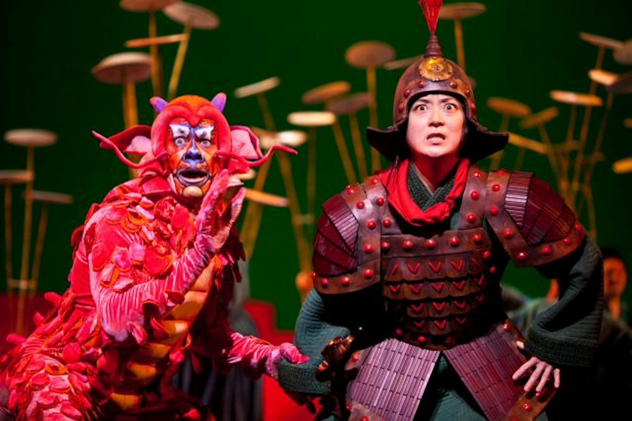 Dean Holt as Mushu the dragon and Katie Bradley as Mulan in "Disney's Mulan Jr."