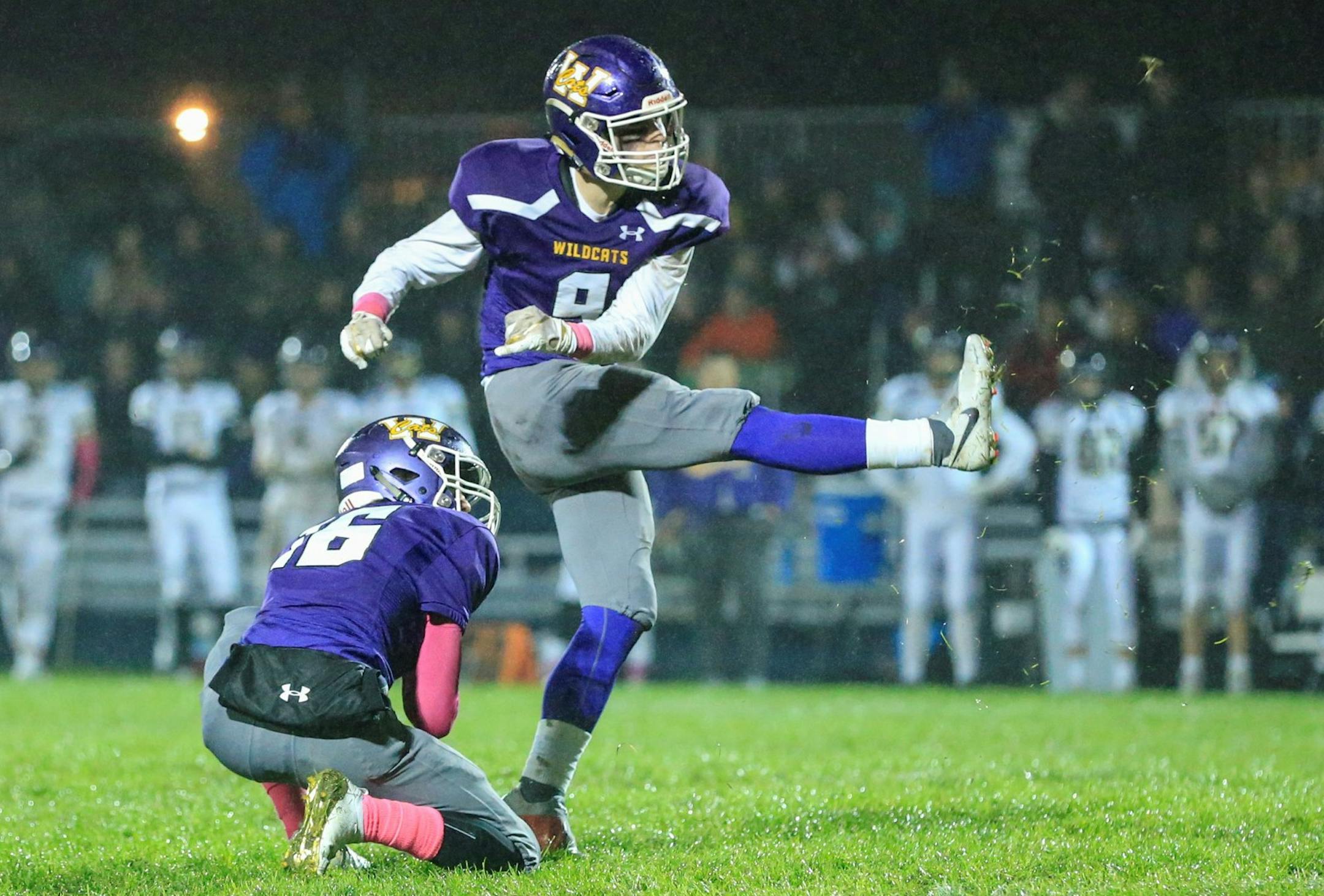 Waconia kicker Tim Stapleton boots his second of three first half field goals against Chaska Friday night. The Wildcats led the Hawks 9-0 at halftime. Photo by Jeff Lawler, SportsEngine