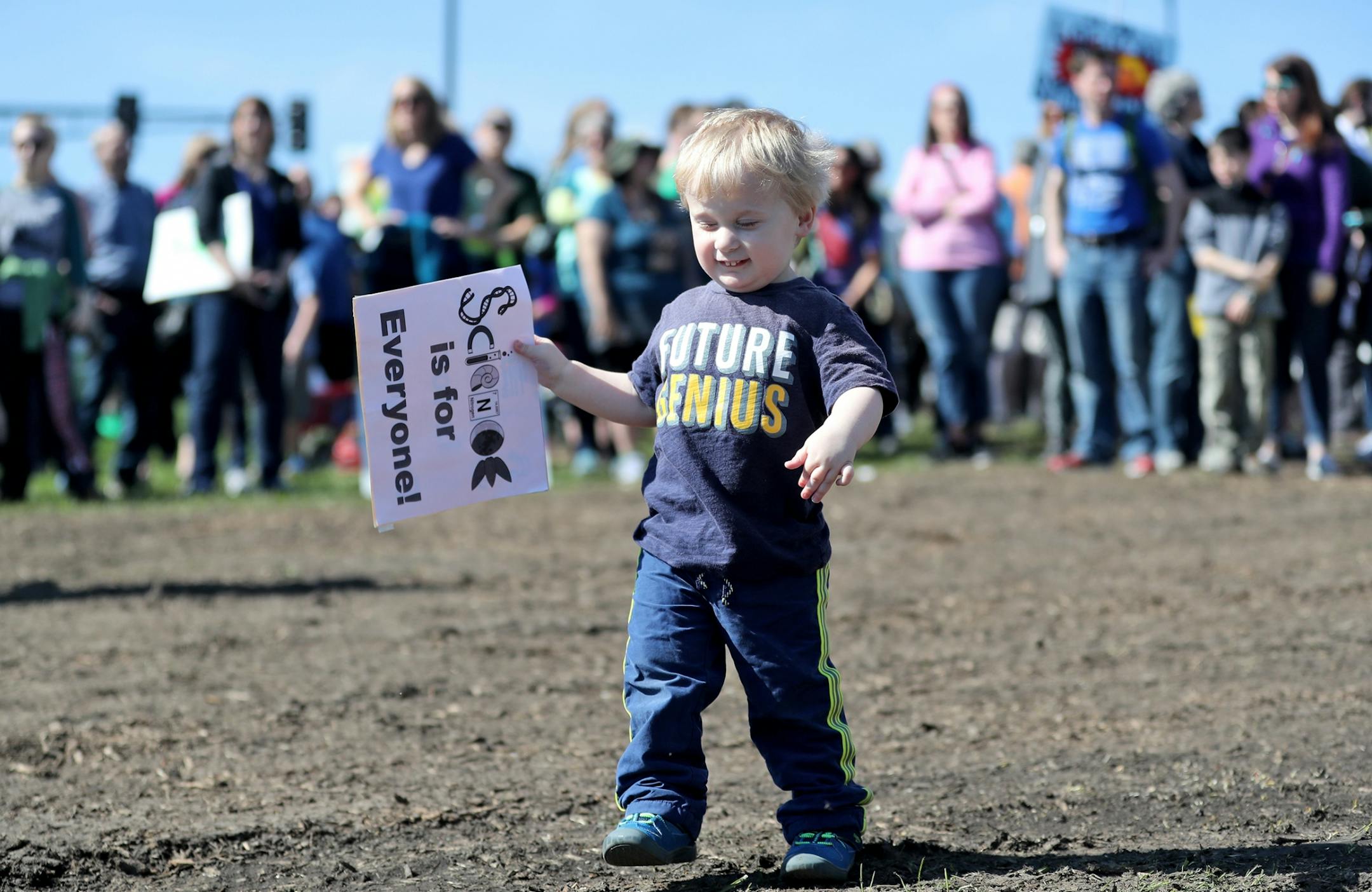 March for Science moved from the start at Cathedral Hill Park to State Capitol, with an estimated 10,000 or more joining to champion the role of science in American life. Here, Carl Kilbane, 3, who came to the march with his dad Colin Kilbane, a science teacher at Roosevelt High, took center stage for a bit with his sign and shirt at the at the March for Science near the start at Cathedral Hill Park Saturday, April 22, 2017, in St. Paul, MN.