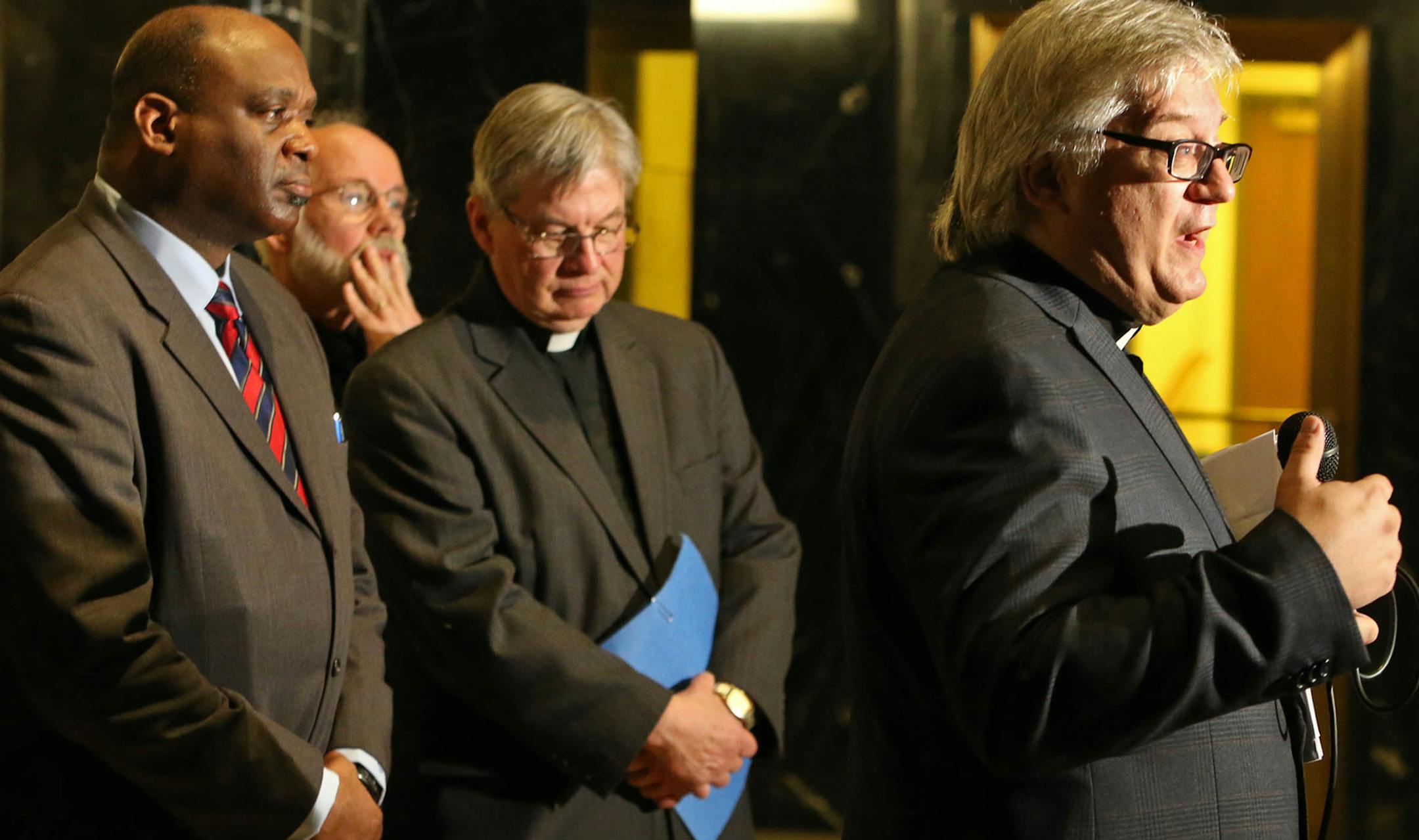 St. Paul clergy members gathered at City Hall asking for more equity when it comes to earned sick pay for working community members. Here, Rev. Grant Stevensen of ISAIAH fielded media questions Tuesday, March 15, 2016, in St. Paul, MN. ](DAVID JOLES/STARTRIBUNE)djoles@startribune.com A group of clergy will gather in front of St. Paul City Hall on Tuesday to urge officials to adopt an earned sick leave policy. The event comes as the city's sick leave task force meetings are getting under way, and