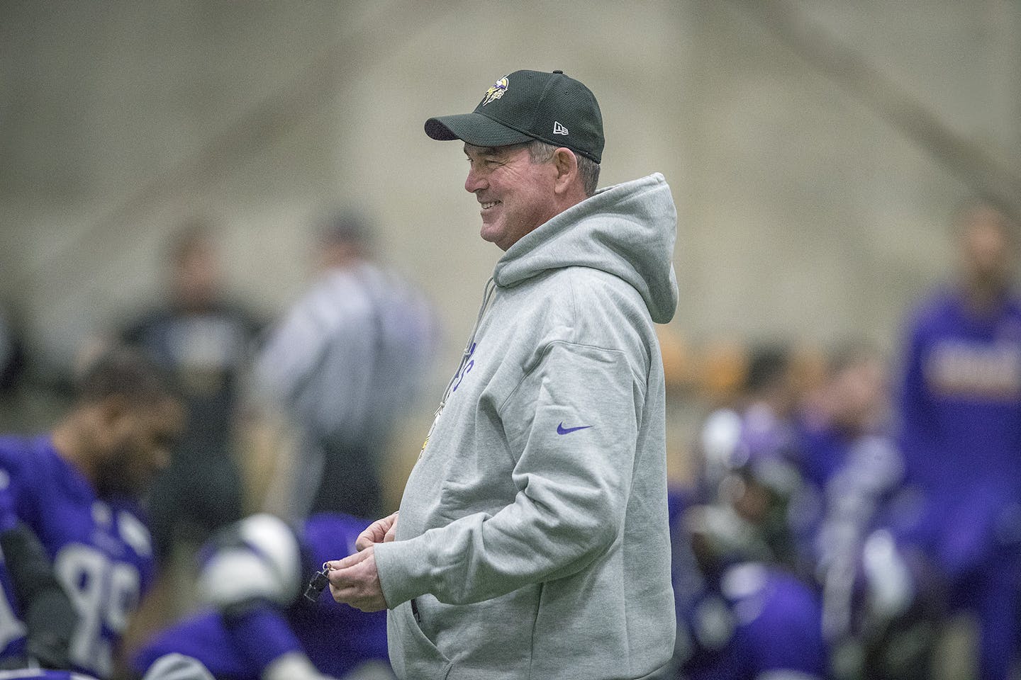 The Minnesota Vikings Head Coach Mike Zimmer was all smiles as they team stretched on the field for a practice before they travel to Philadelphia, at Winter Park, Friday, January 19, 2018 in Eden Prairie, MN ] ELIZABETH FLORES &#xef; liz.flores@startribune.com