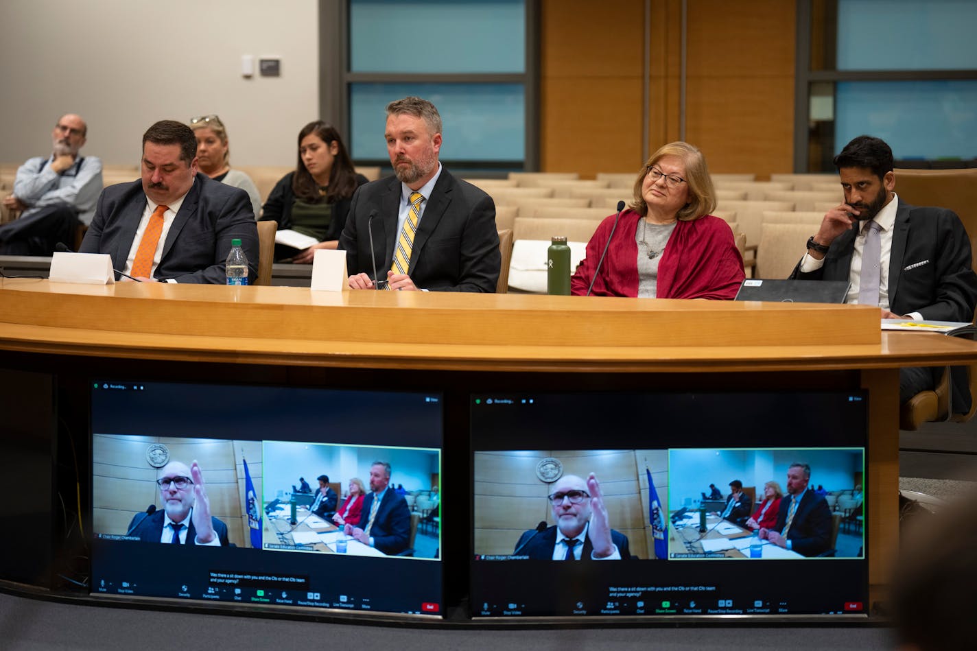 Daron Korte, assistant commissioner of the Minnesota Department of Education, center, shown in April. Others seated with Korte were, from left, Eric Taubel, MDE general counsel, Monica Herrera, director of Nutrition, Health and Youth Development Division, MDE, and Adosh Unni, director of government relations, MDE.