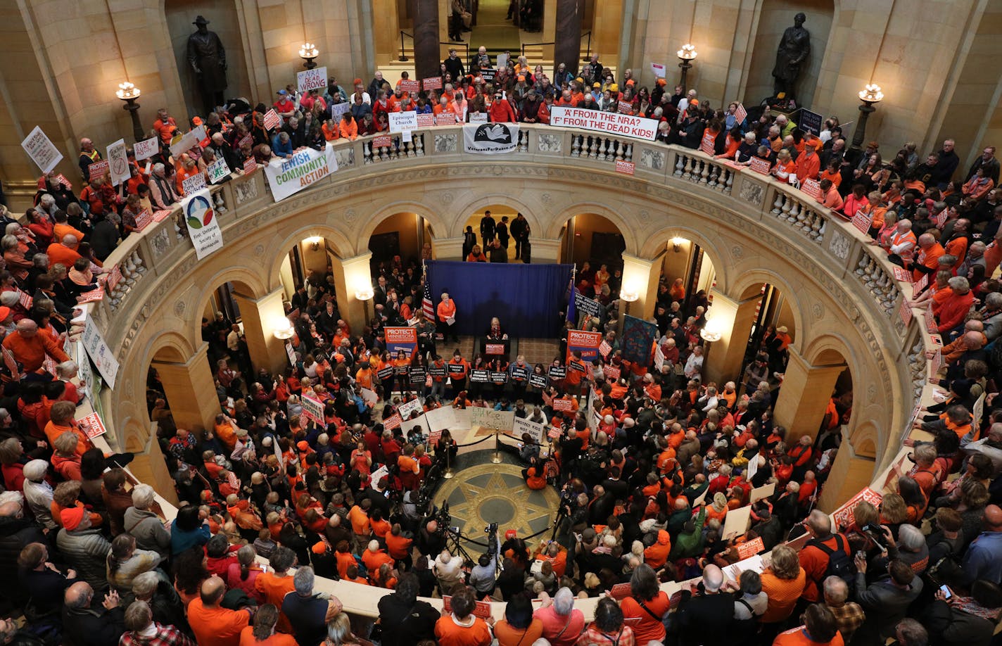 Advocates packed all three floors of the State Capitol rotunda during a rally calling for sensible gun laws sponsored by Protect Minnesota. ] ANTHONY SOUFFLE &#xef; anthony.souffle@startribune.com Advocates rallied in the Minnesota Capitol rotunda "for sensible gun laws," sponsored by a coalition of gun control and left-leaning groups Thursday, Feb. 22, 2018 in St. Paul, Minn.