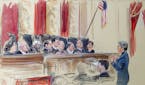 This artist rendering shows civil rights lawyer Mary Bonauto right. arguing before the Supreme Court during its hearing on same-sex marriage, Tuesday,