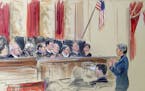 This artist rendering shows civil rights lawyer Mary Bonauto right. arguing before the Supreme Court during its hearing on same-sex marriage, Tuesday,