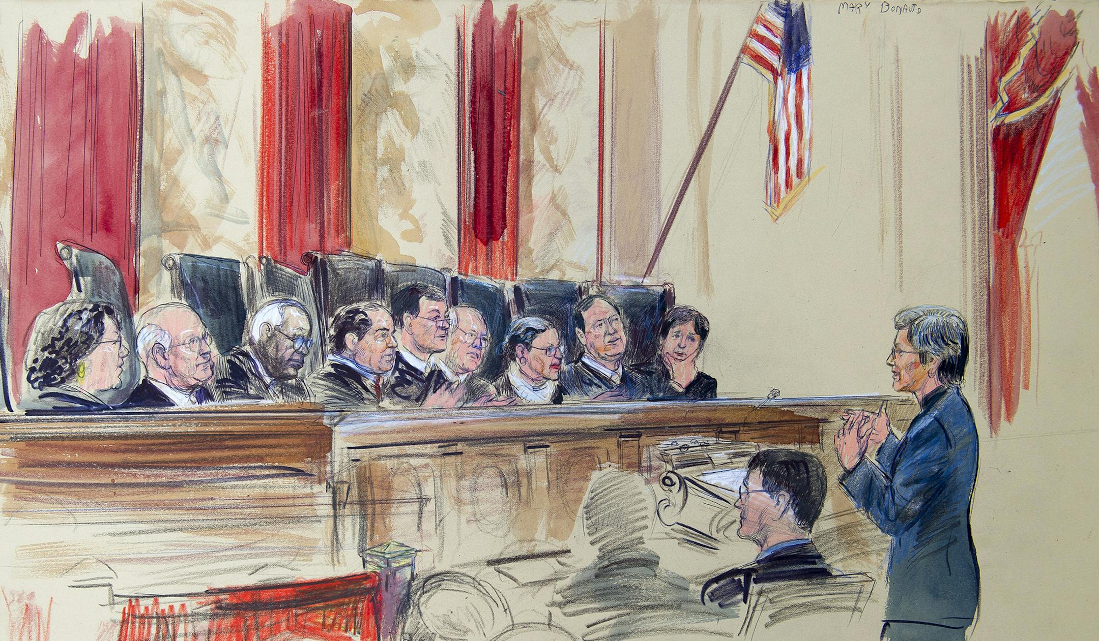 This artist rendering shows civil rights lawyer Mary Bonauto right. arguing before the Supreme Court during its hearing on same-sex marriage, Tuesday, April 28, 2015, in Washington. Justices, from left are, Sonia Sotomayor, Stephen Breyer, Clarence Thomas, Antonin Scalia, Chief Justice John Roberts, Anthony Kennedy, Ruth Bader Ginsburg, Samuel Alito Jr., and Elena Kagan. (AP Photo/Dana Verkouteren) ORG XMIT: MIN2015060321472574