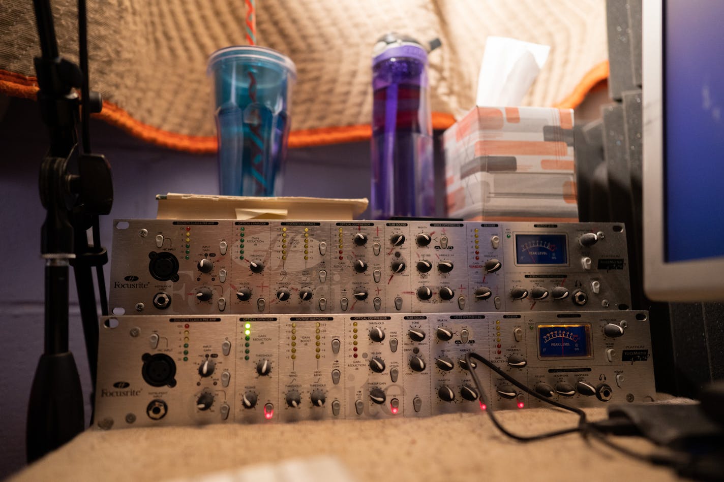 The studio is equipped with two amplifiers, one is a backup. ] MARK VANCLEAVE &#xa5; Susan Erickson and her husband David Colacci are professional narrators. The couple record hundreds of audio books in the basement of their St. Louis Park home. Photographed Tuesday, Jul 16, 2019.