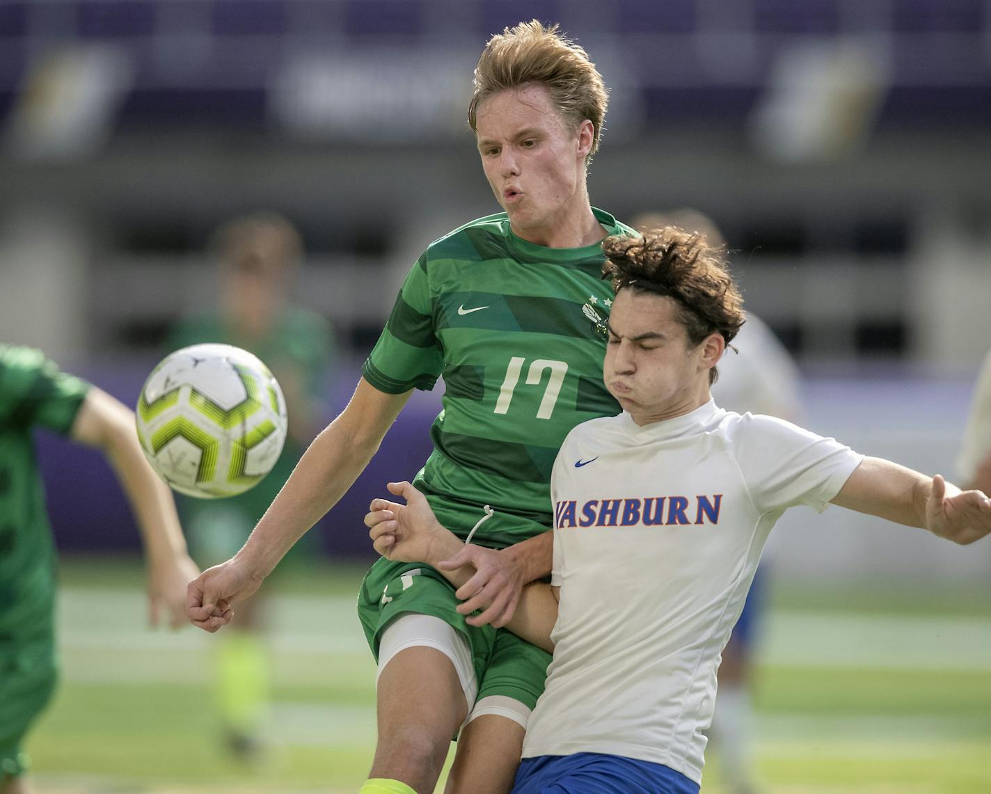 Edina's Sammy Presthus, left, and Minneapolis Washburn's Zev Breen battled for the ball during the first half. ] ELIZABETH FLORES &#x2022; liz.flores@startribune.com Class 2A boys' soccer semifinals at U.S. Bank Stadium, Tuesday, October 29, 2019 in Minneapolis, MN.