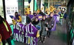 SEIU workers marched through the skyways of St Paul Monday, from Town Square to City Hall.