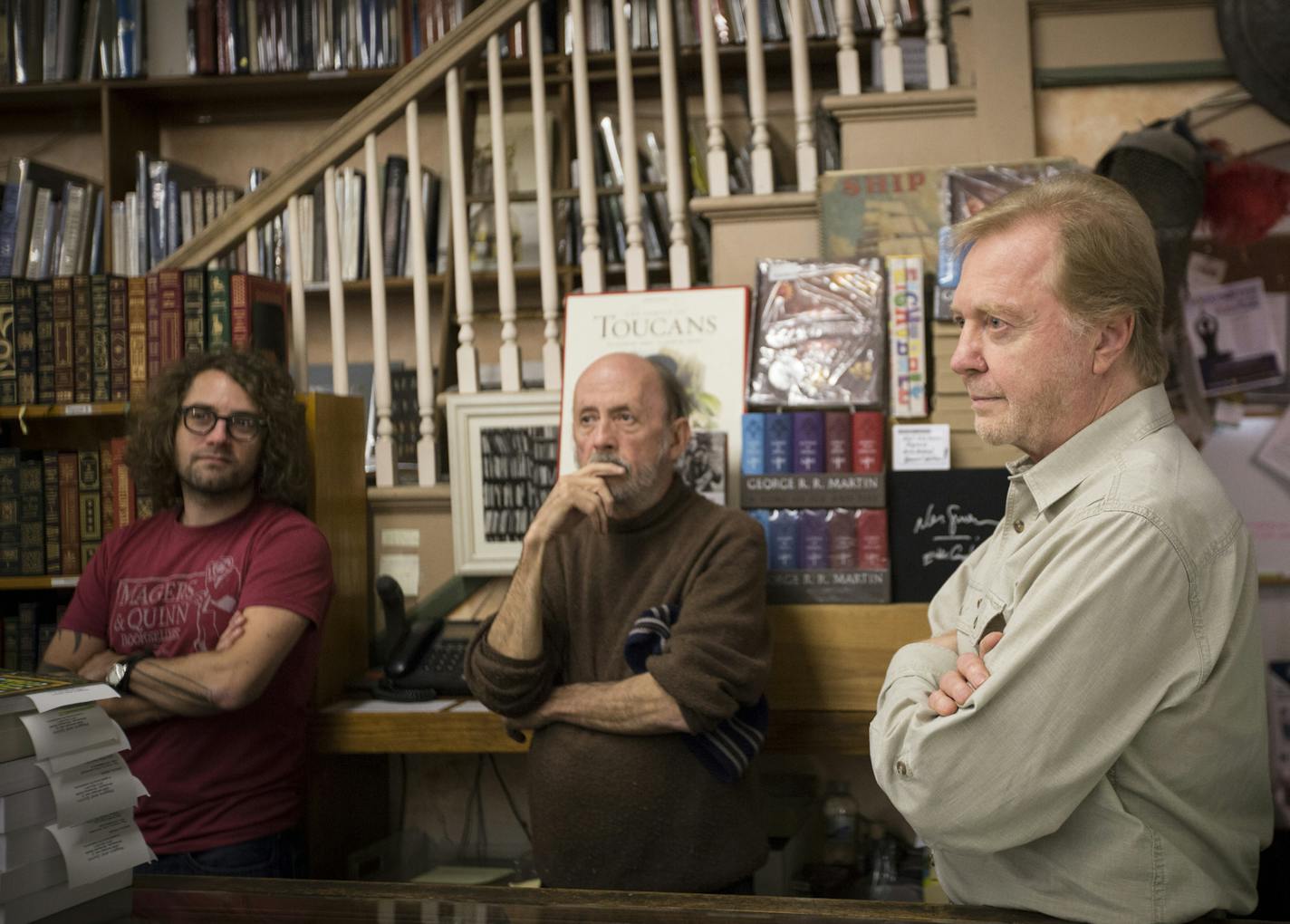 Owner of Magers and Quinn, Denny Magers, right, lets his employees decide if they want to work and keep the store open on Thanksgiving Day.. Photographed on Friday, November 20, 2015, in Minneapolis, Minn. ] RENEE JONES SCHNEIDER &#x2022; reneejones@startribune.com