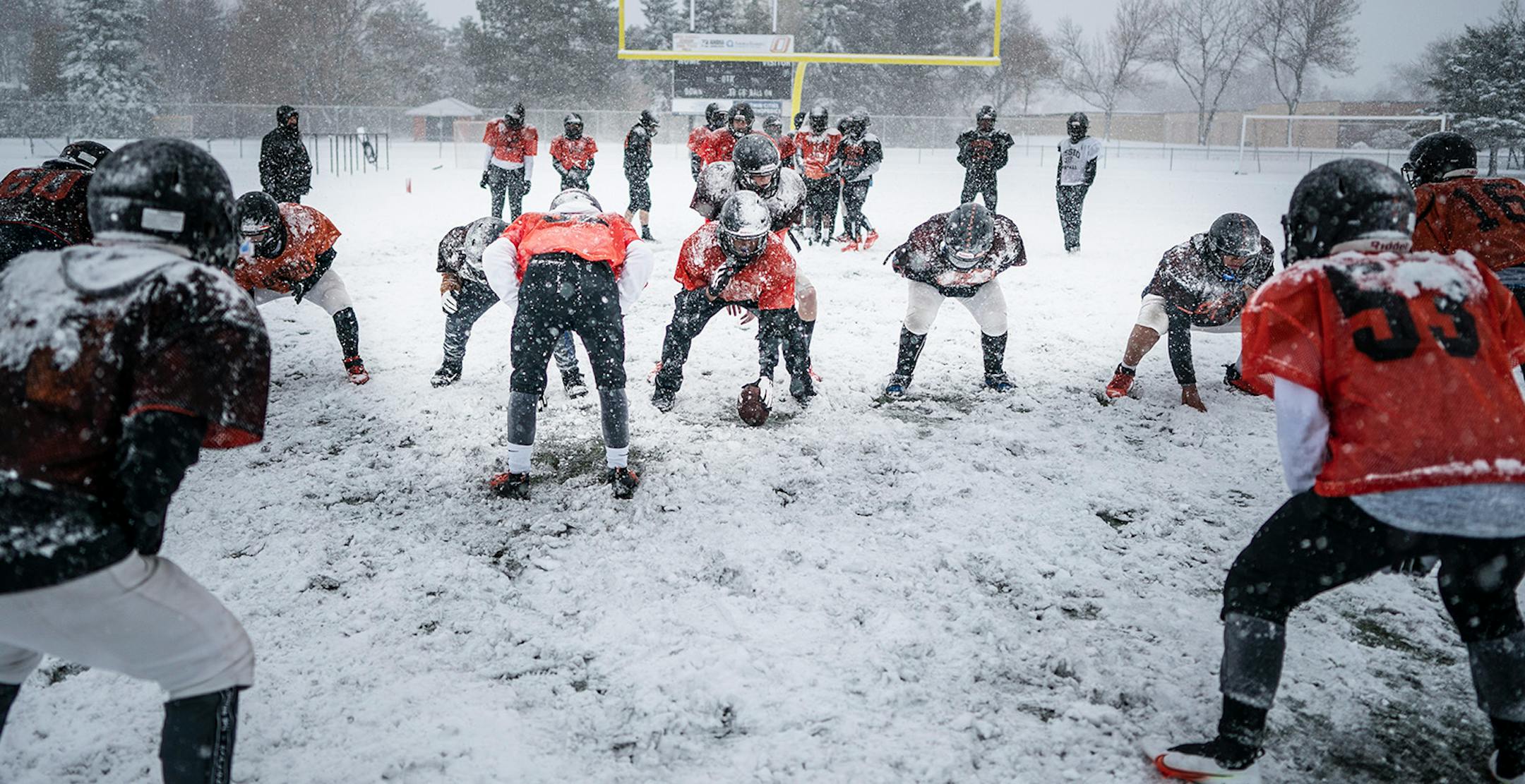 Members of the Osseo team practiced outside in the heavy snow in preparation for their Friday night game against Totino-Grace.