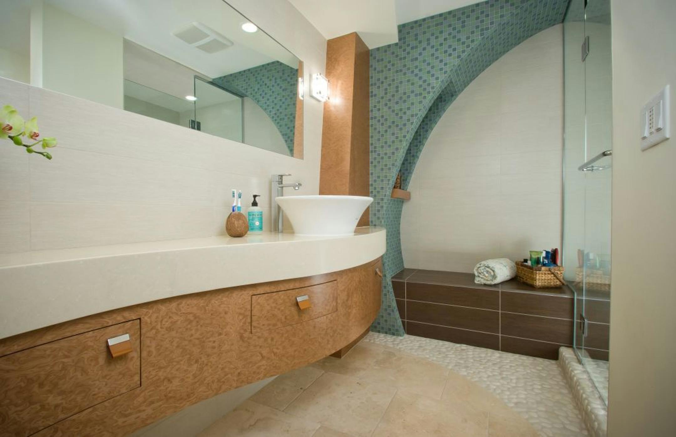 Sid Levin's family had outgrown their three-bedroom rambler in Excelsior. But instead of moving to a larger house, the Levins decided to utilize a 20-by-20-foot storage space in the lower level to build a new bathroom. This is the "after" photo.