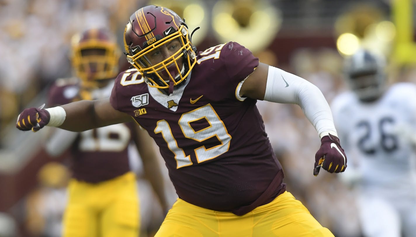 Gophers defensive lineman Keonte Schad (19) celebrated after Georgia Southern Eagles quarterback Justin Tomlin (17) was tackled for a loss of yards in the second half. ] Aaron Lavinsky &#x2022; aaron.lavinsky@startribune.com The Gophers played Georgia Southern on Saturday, Sept. 14, 2019 at TCF Bank Stadium in Minneapolis, Minn.