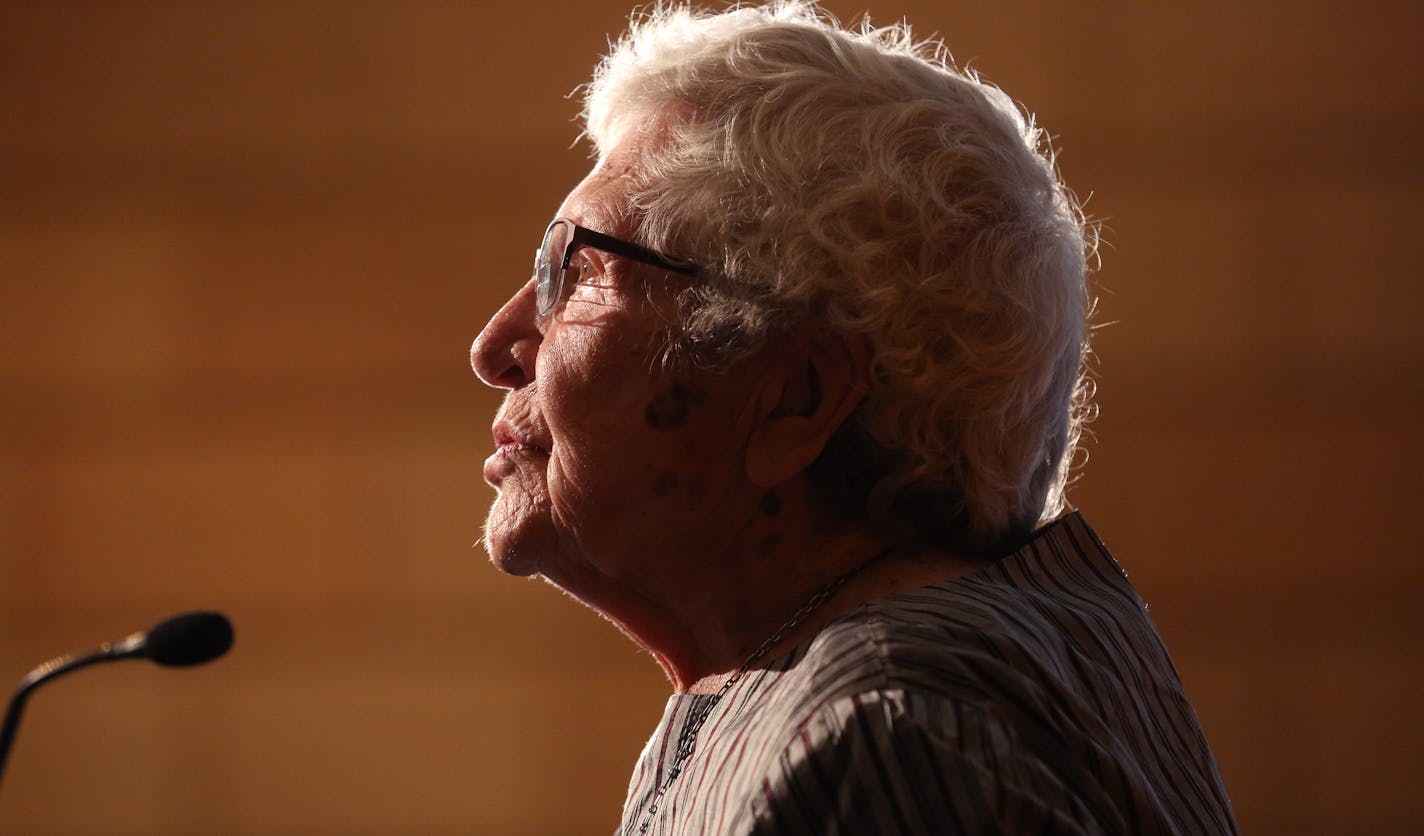 Arvonne Fraser, of Minneapolis, celebrated her 90th birthday, she as addressed a group about about the unfinished business of her longtime activism. ] (KYNDELL HARKNESS/STAR TRIBUNE) kyndell.harkness@startribune.com Arvonne Fraser of Minneapolis is giving an address and participating in a panel discussion at the Humphrey School of Public Affairs in Minneapolis Min., Wednesday September 16, 2015.