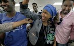 Ilhan Omar was greeted by supporters Minneapolis on the night she defeated Rep. Phyllis Kahn in a DFL primary election.