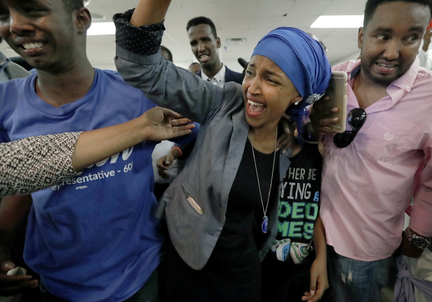 Ilhan Omar was greeted by supporters Minneapolis on the night she defeated Rep. Phyllis Kahn in a DFL primary election.