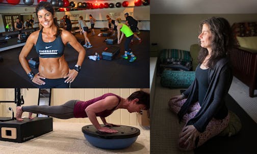 Star Tribune photos. Stacie Clark (top left, co-owner of TigerFit with her husband, Chris) and every other fitness leader in Minnesota has had to leave their gyms behind and adjust. Claudia Root, pictured below left, is the a Pilates instructor at SweatShop and recently led her clients through an online workout from her home. These fitness leaders have helped Minnesotans (Jennifer Toddie is shown here, doing yoga at home) find a new routine at home. ORG XMIT: MIN1401081015252871