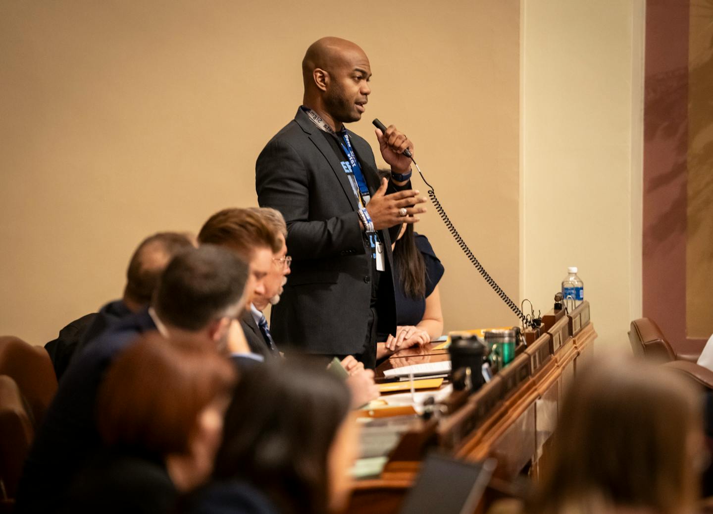 Rep. Cedrick Frazier (DFL 43A) speaks at Minnesota State Capitol on the first day of 2024 Minnesota Legislature session.