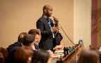 Rep. Cedrick Frazier (DFL 43A) speaks at Minnesota State Capitol on the first day of 2024 Minnesota Legislature session. He's the chief author of the 