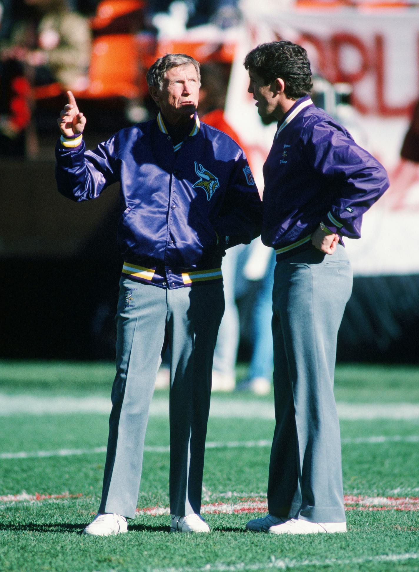 Minnesota Vikings head coach Jerry Burns with defensive backs coach Pete Carroll during the NFC Divisional Playoff game January 1, 1989 in San Francisco.