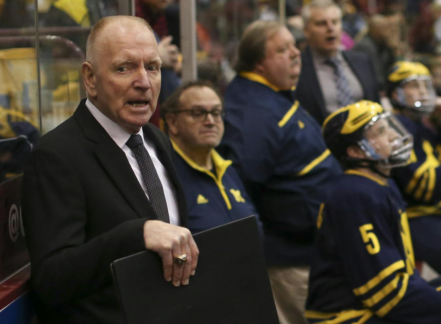 Wolverines head hockey coach Red Berenson talked to his players in the third period. ] JEFF WHEELER &#xef; jeff.wheeler@startribune.com The University of Minnesota men's hockey team lost 6-2 to the University of Michigan Thursday night, February 25, 2016 at Mariucci Arena in Minneapolis.