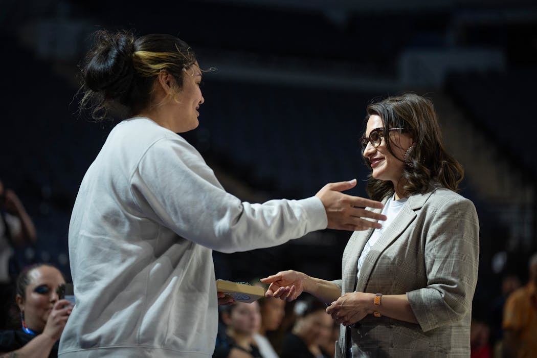 Minnesota Lt. Gov. Peggy Flanagan was the first speaker to welcome Alissa Pili at the surprise welcome event. She presented her with a pair of earrings made by a local Indigenous artist.