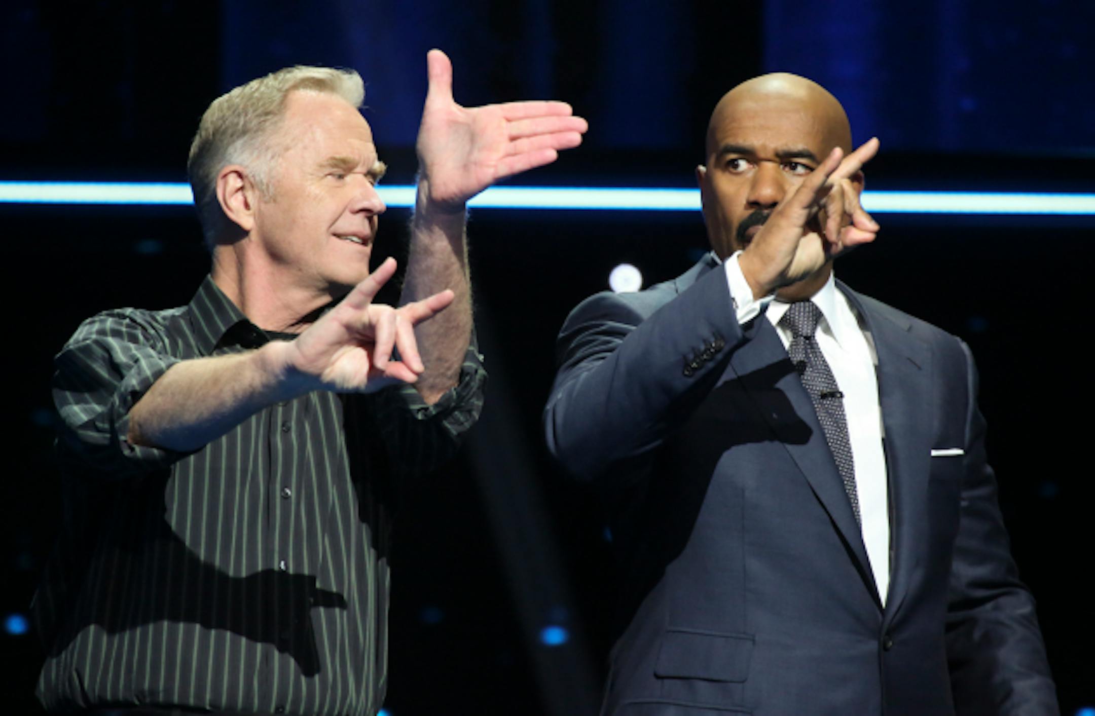 LITTLE BIG SHOTS: FOREVER YOUNG -- "Jaws of Life" Episode 103 -- Pictured: (l-r) Bob Stromberg, Steve Harvey -- (Photo by: Vivian Zink/NBC)