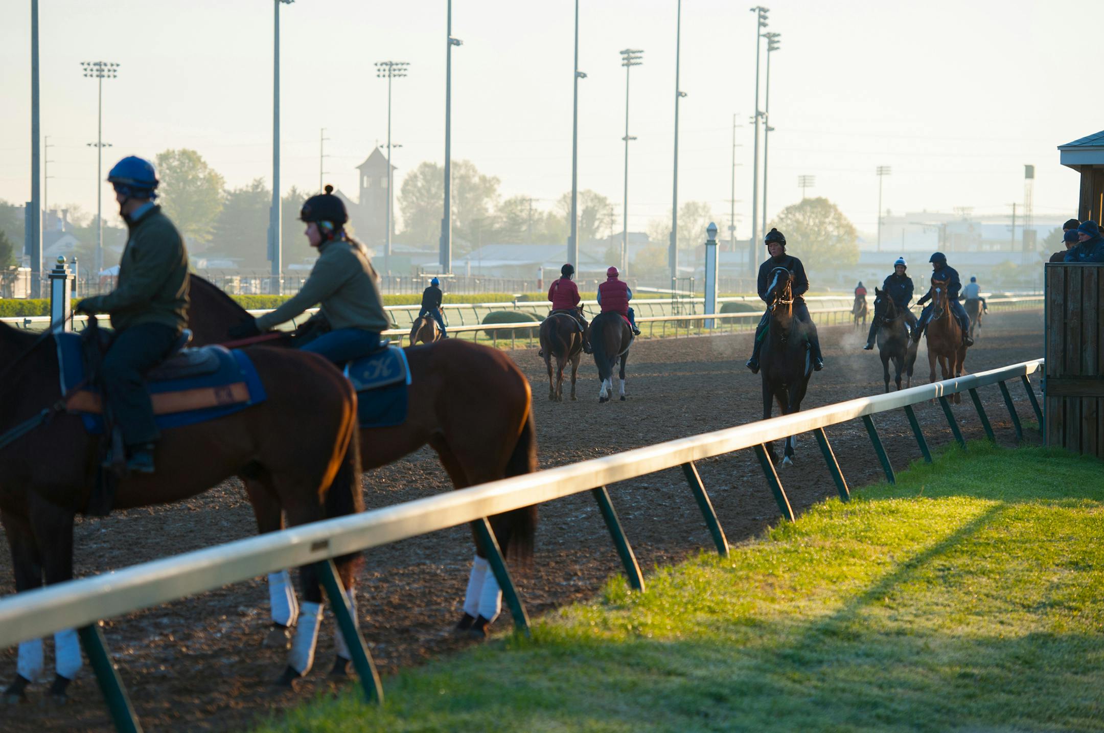louisvilletr080413 The budget number is: 206984 Photographer: Michael Ventura - Louisville, Kentucky, Churchill Downs thoroughbred racetrack most famous for hosting the Kentucky Derby. Tours of the "backside" including the barns, in the early morning, allows visitors to get a view of the racehorses working out on the track.