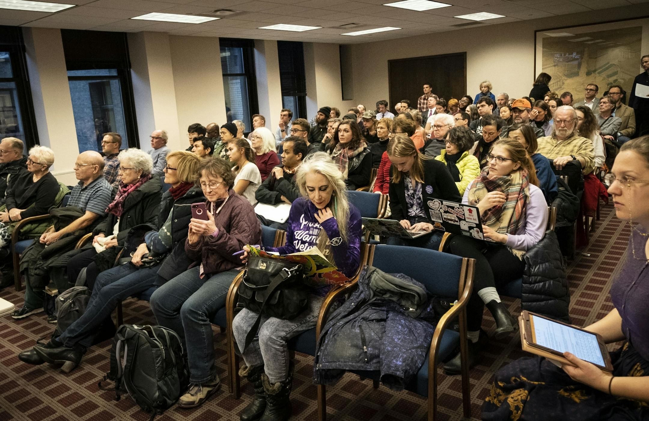 An overflow room was full as it watched a public hearing on the 2040 Comprehensive Plan at City Hall in Minneapolis, Minn., on Wednesday, November 14, 2018.