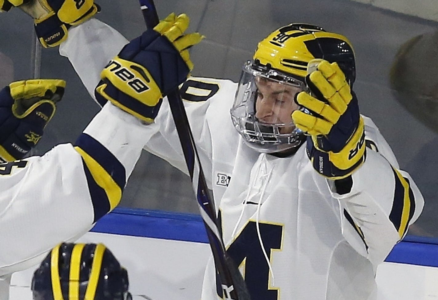 Michigan's Dexter Dancs (90) celebrates his goal with teammates Quinn Hughes (43) and Tony Calderone (17) in front of Northeastern's Eric Williams (20) during the third period of an NCAA northeast regional playoff hockey game in Worcester, Mass., Saturday, March 24, 2018. Michigan won 3-2. (AP Photo/Michael Dwyer)