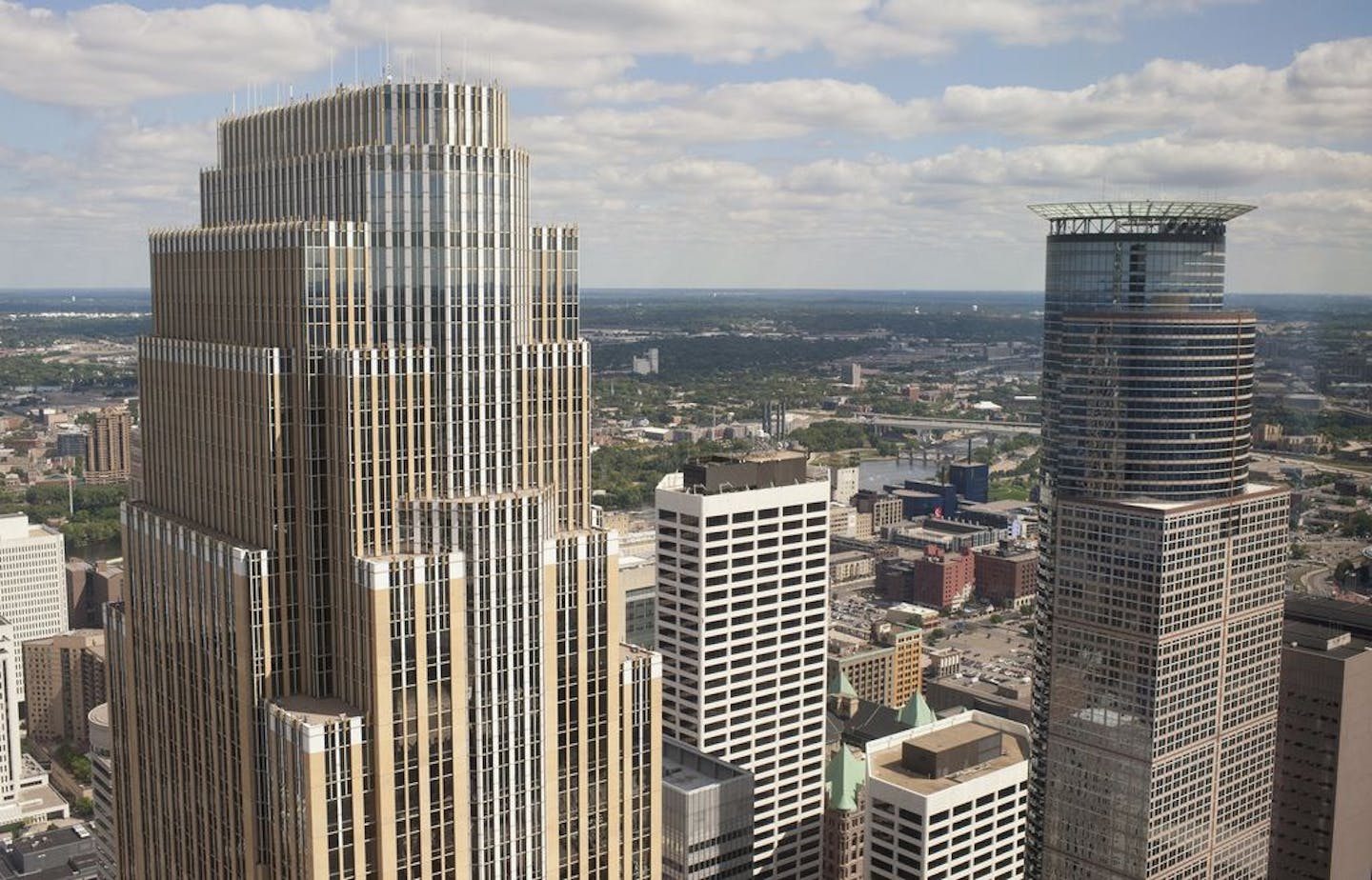 The Cesar Pelli-designed Wells Fargo Center, at left, along with the Capella Tower, two of the standout skyscrapers in the Minneapolis skyline. Tuesday, September 6, 2011.