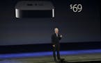Tim Cook, Apple's chief, speaks during an event to talk about the features in the Apple Watch and Apple TV device and share more details about the pro