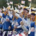 NFL Minnesota Vikings fans cheer during the singles matches on the final day of the Ryder Cup golf tournament, at Gleneagles, Scotland, Sunday, Sept. 