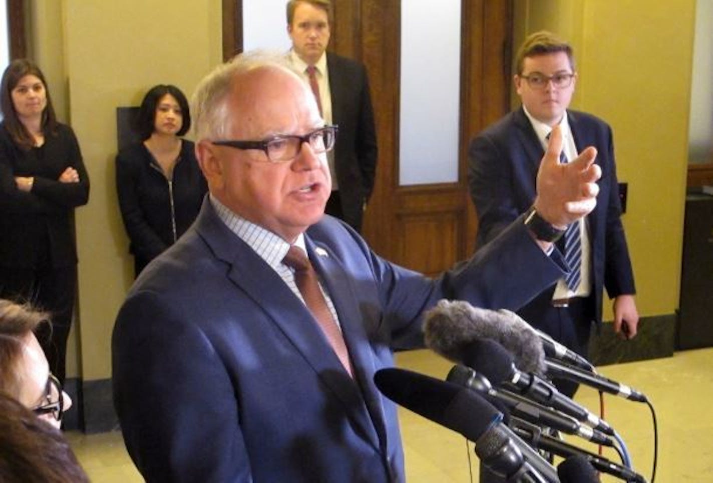 Minnesota Gov. Tim Walz speaks with reporters at the State Capitol Monday during a break in talks with House Democratic and Senate Republican leaders on setting budget targets to guide negotiations for ending the 2019 legislative session.