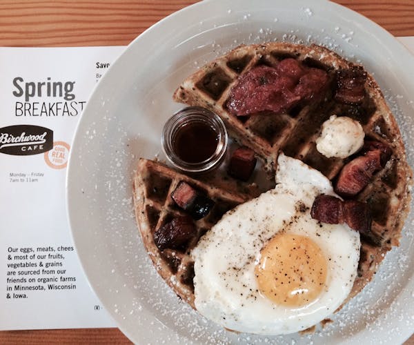 Rick Nelson, Star Tribune Savory waffles at the Birchwood Cafe are served all day.
