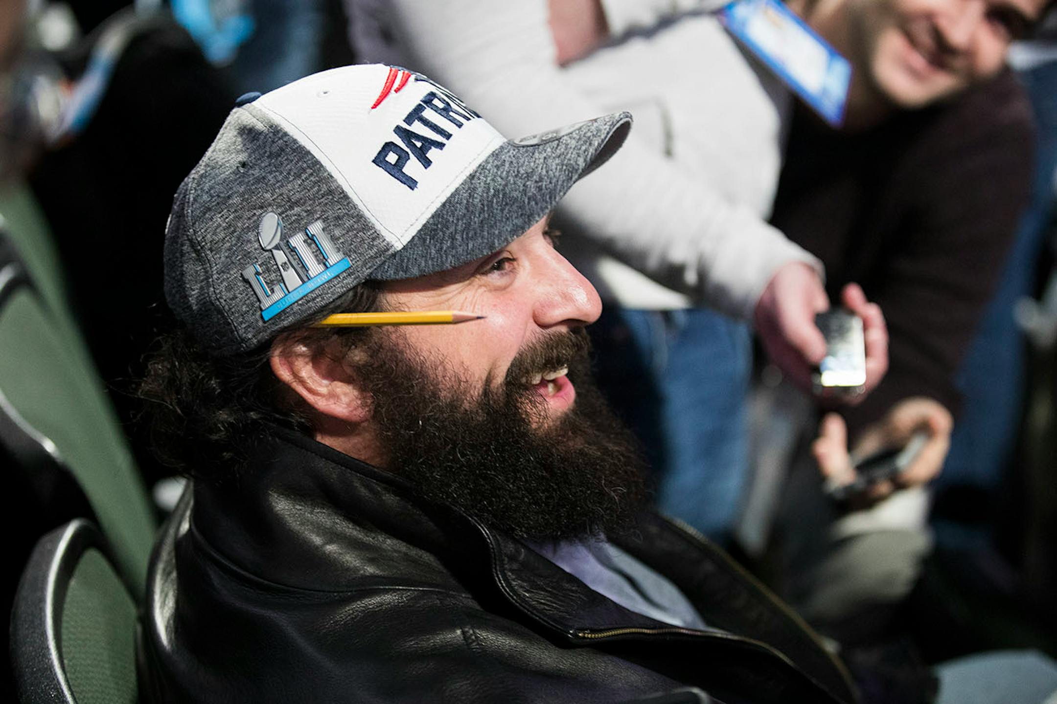Patriots defensive coordinator Matt Patricia talks to media.