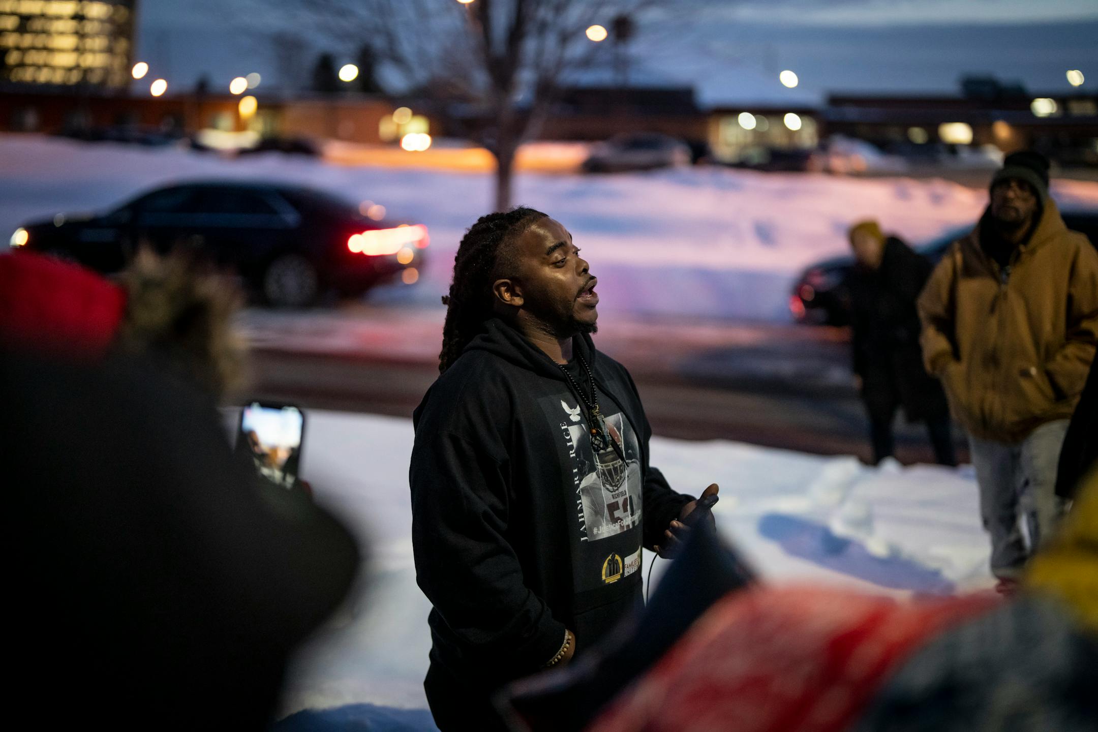 Cortez Rice, father of Jahmari Rice, speaks to a crowd of young people about what happened to his son and encouraged them to focus on school and reject gun violence during a vigil for the one year anniversary of the death of 15-year-old Jahmari Rice.