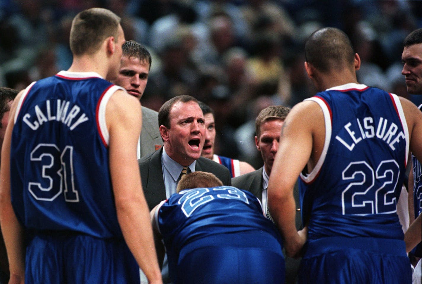 Gonzaga coach Dan Monson provides direction to his players in their game against Florida at the NCAA West Regionals in Phoenix Thursday, March 18, 1999. Gonzaga won 73-72 in an upset that sends the Bulldogs to the regional championship round Saturday. (AP Photo/Michael Conroy)