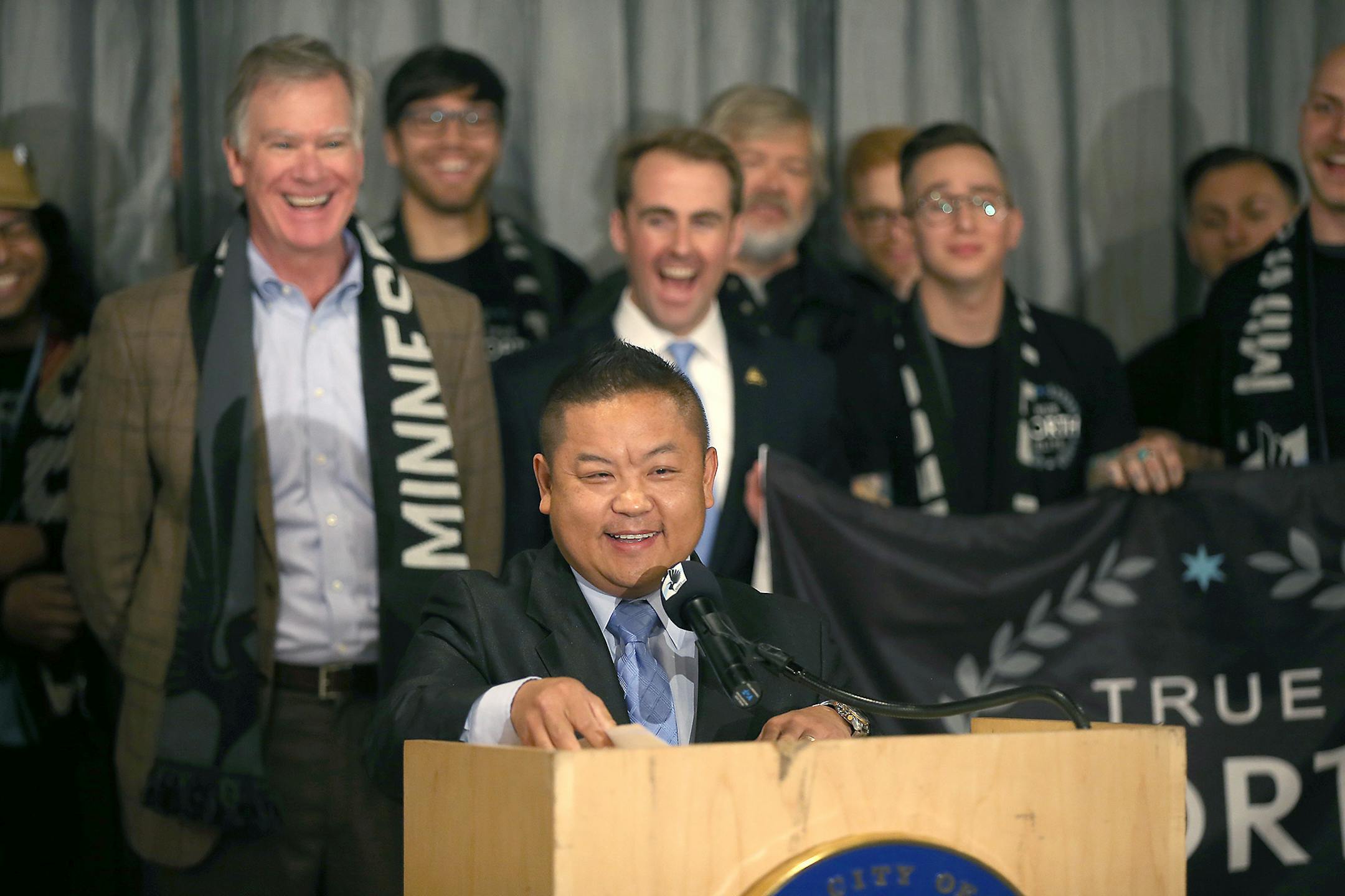 St. Paul City Councilman Dai Thao took the stand and shared laughs after the announcement was made about the new MLS team will play in a new stadium to be built near University and Snelling avenues during a news conference on Oct. 23 in St. Paul.
