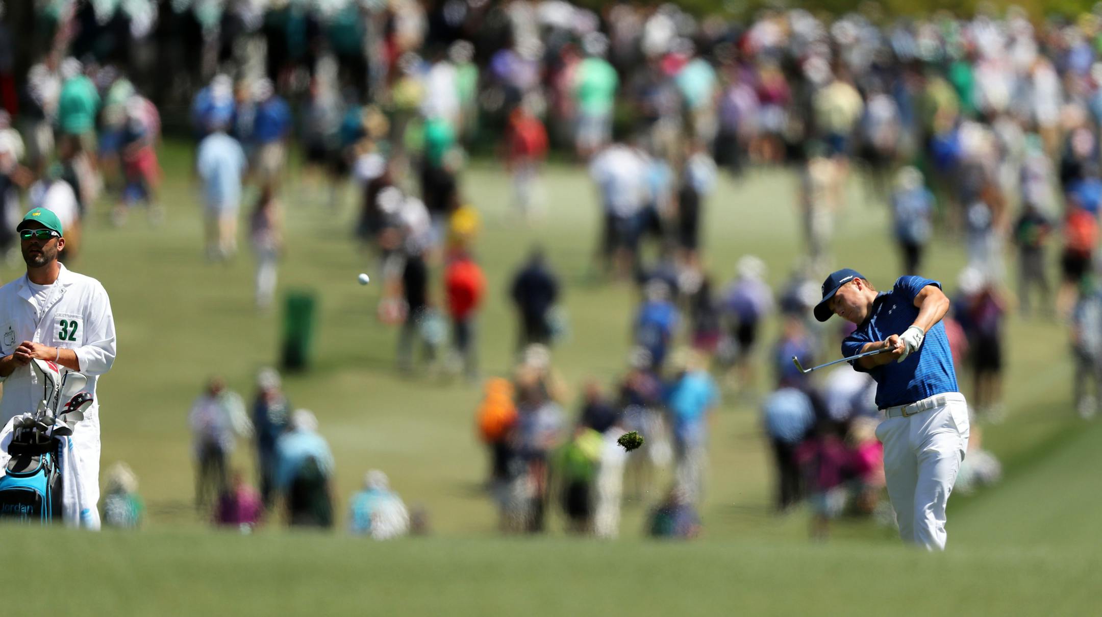 Jordan Spieth hits his second shot from the 1st fairway during the third round of the Masters Tournament at Augusta National Golf Club in Augusta, Ga., on Saturday, April 8, 2017. (Curtis Compton/Atlanta Journal-Constitution/TNS) ORG XMIT: 1200293